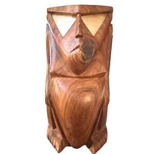 Vintage Hand Carved Wood Tiki Figure w Mother of Pearl Eyes 6.5 Inch